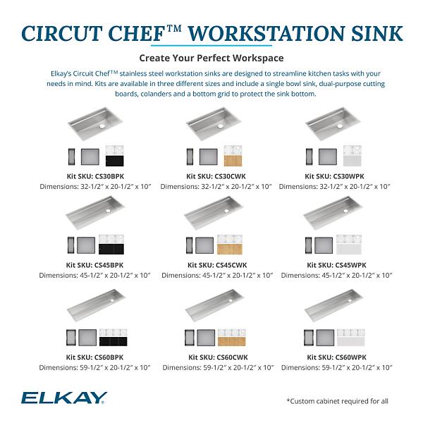 Elkay CS60WPK Circuit Chef® Workstation Stainless Steel 59-1/2" x 20-1/2" x 10" Single Bowl Undermount Sink Kit with White Polymer Boards