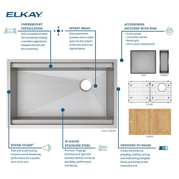 Elkay CS30CWK Circuit Chef® Stainless Workstation Steel 32-1/2" x 20-1/2" x 10" Single Bowl Undermount Sink Kit with Cherry Wood Boards