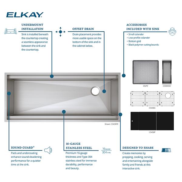 Elkay CS45BPK Circuit Chef® Workstation Stainless Steel 45-1/2" x 20-1/2" x 10" Single Bowl Undermount Sink Kit with Black Polymer Boards