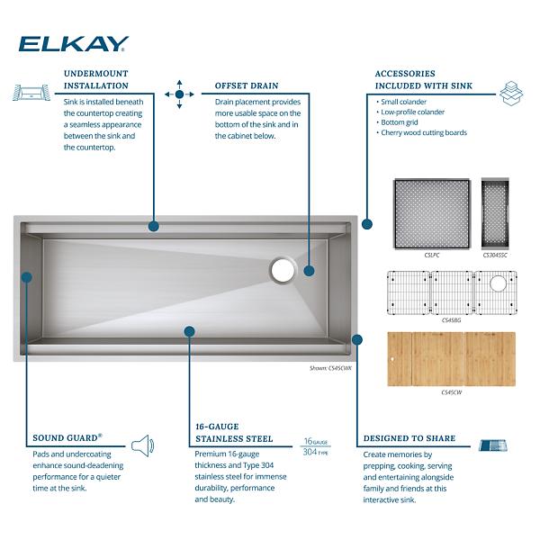 Elkay CS45CWK Circuit Chef® Workstation Stainless Steel 45-1/2" x 20-1/2" x 10" Single Bowl Undermount Sink Kit with Cherry Wood Boards