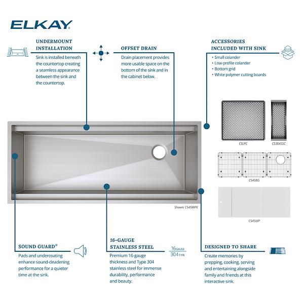 Elkay CS45WPK Circuit Chef® Workstation Stainless Steel 45-1/2" x 20-1/2" x 10" Single Bowl Undermount Sink Kit with White Polymer Boards