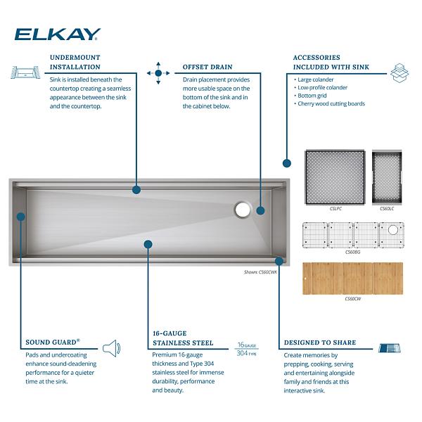 Elkay CS60CWK Circuit Chef® Workstation Stainless Steel 59-1/2" x 20-1/2" x 10" Single Bowl Undermount Sink Kit with Cherry Wood Boards