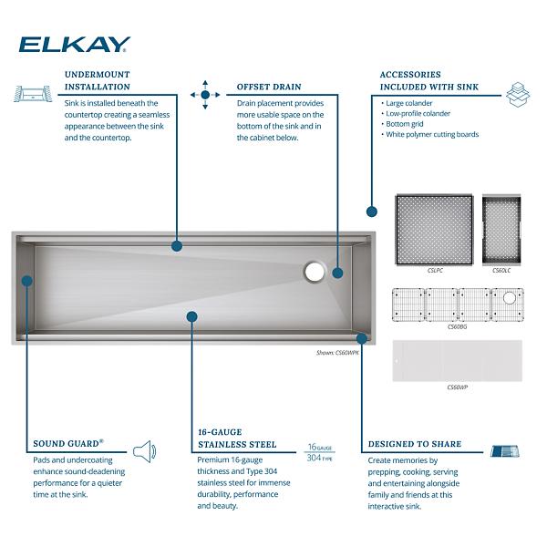 Elkay CS60WPK Circuit Chef® Workstation Stainless Steel 59-1/2" x 20-1/2" x 10" Single Bowl Undermount Sink Kit with White Polymer Boards