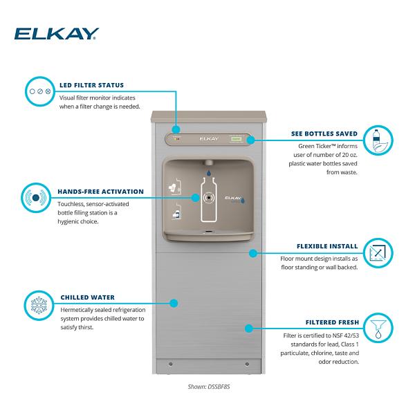 Elkay DSSBF8S ezH2O® Floor Standing Bottle Filling Station Filtered Refrigerated Stainless Steel