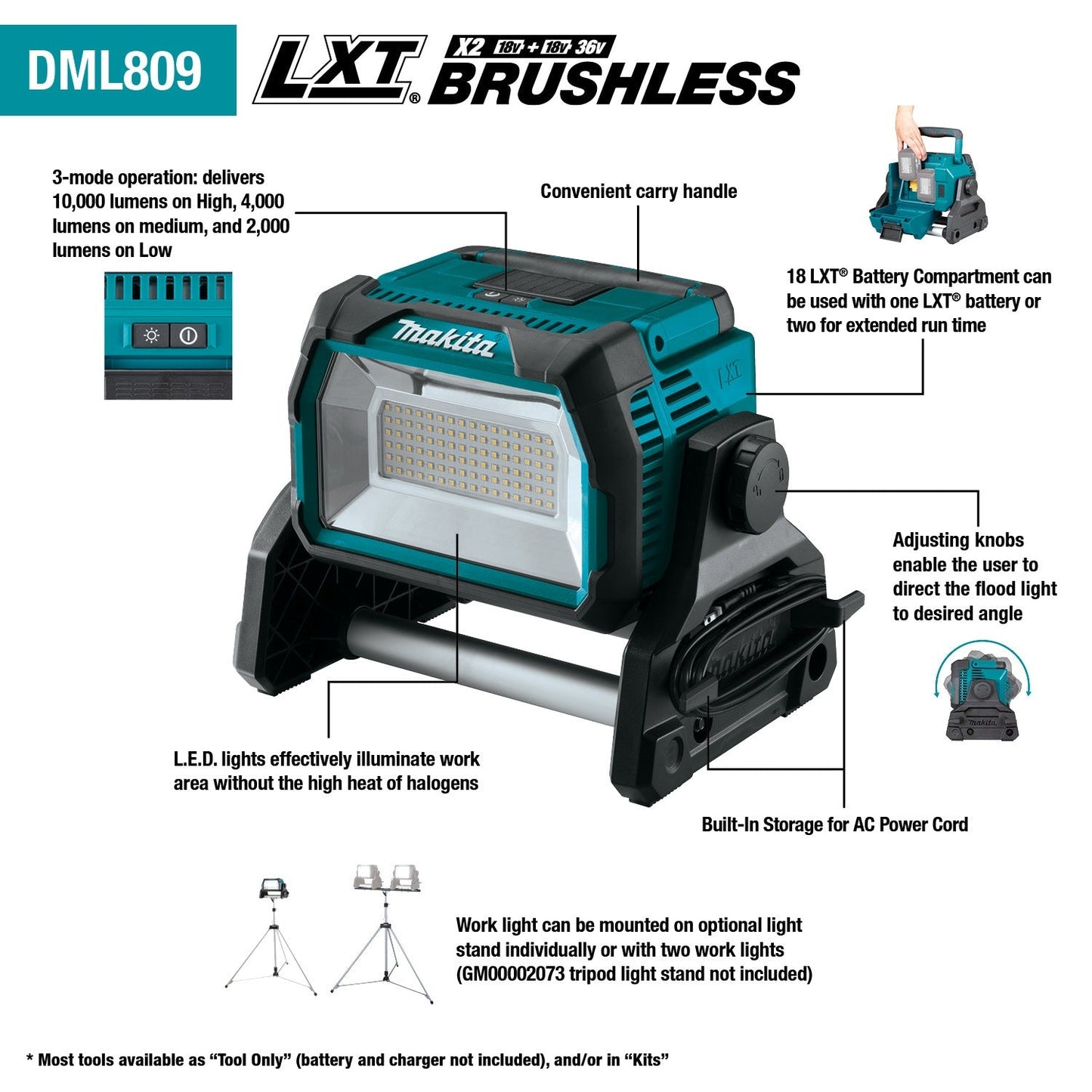 Makita DML809 18V X2 LXT® Lithium‘Ion Cordless/Corded Work Light, Light Only