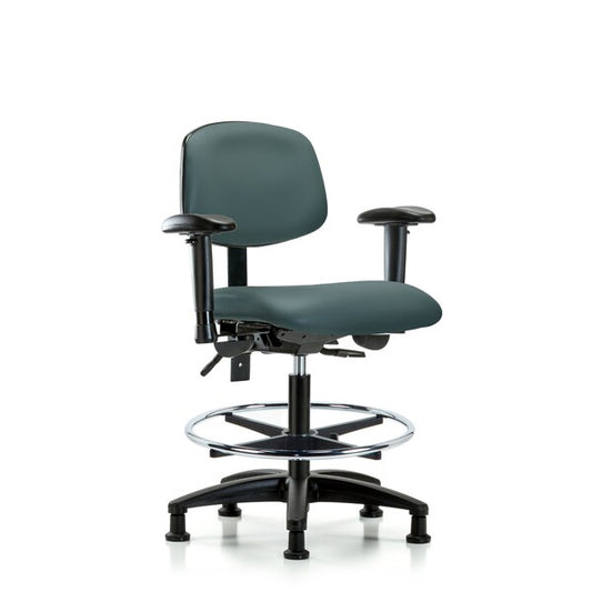 Blue Ridge Ergonomics VMBCH-RG-T0-A1-CF-RG-8546 Rutledge Vinyl Chair - Medium Bench Height with Adjustable Arms, Chrome Foot Ring, & Stationary Glides in Colonial Blue Trailblazer™ Vinyl