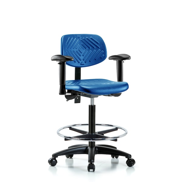 Blue Ridge Ergonomics PHBCH-RG-T1-A1-CF-RC-BLU Polyurethane Chair - High Bench Height with Seat Tilt, Adjustable Arms, Chrome Foot Ring, & Casters in Blue Polyurethane