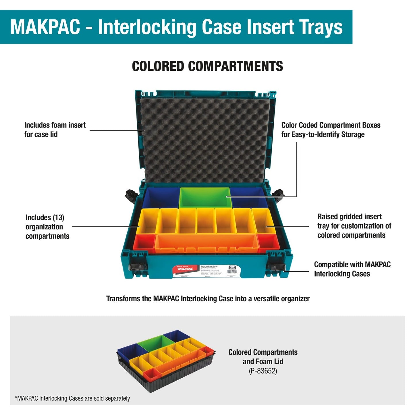 Makita P-83652 MAKPAC Interlocking Case Insert Tray with Colored Compartments and Foam Lid