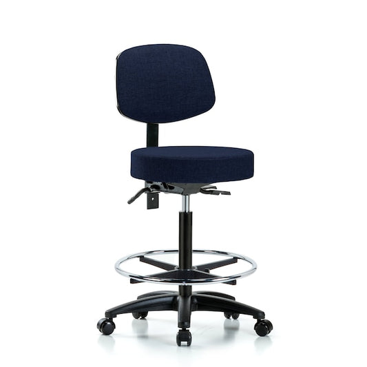 Blue Ridge Ergonomics FHBST-RG-T1-CF-RC-F45 Rutledge Fabric Stool with Back - High Bench Height with Seat Tilt, Chrome Foot Ring, & Casters in Navy Fabric