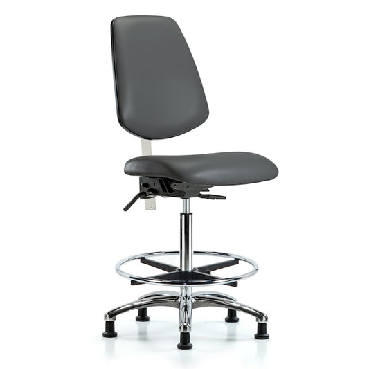 Blue Ridge Ergonomics NCR-VHBCH-MB-CR-T1-A0-CF-CC-8823 Class 100 Vinyl Clean Room Chair - High Bench Height with Medium Back, Seat Tilt, Chrome Foot Ring, & Casters in Carbon Supernova™ Vinyl
