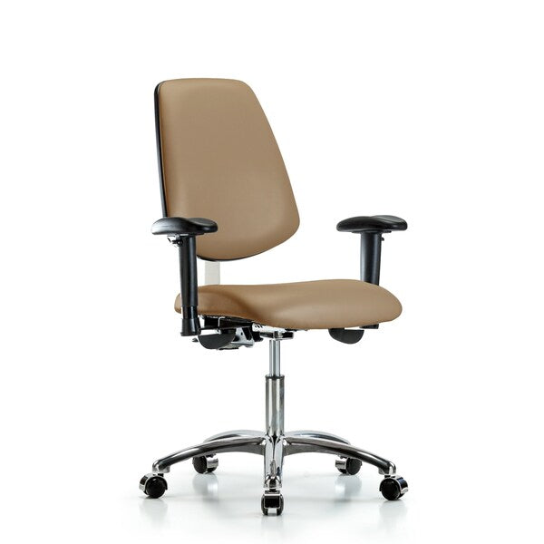 Blue Ridge Ergonomics VDHCH-MB-CR-T1-A1-CC-8584 Rutledge Vinyl Chair Chrome - Desk Height with Medium Back, Seat Tilt, Adjustable Arms, & Casters in Taupe Trailblazer™ Vinyl