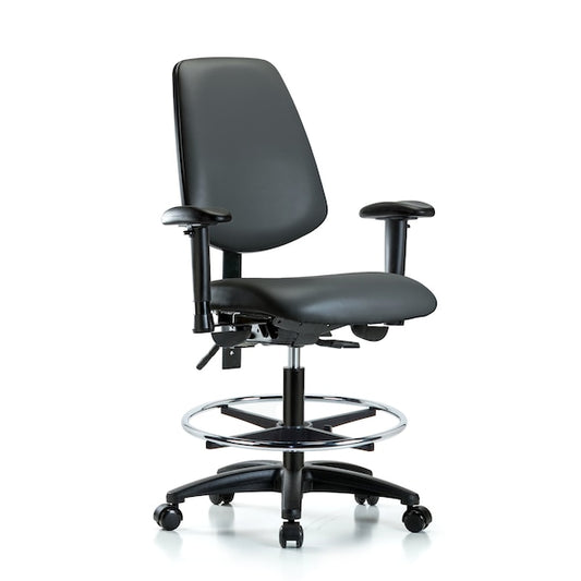 Blue Ridge Ergonomics VMBCH-RG-T1-A1-CF-RC-8605 Rutledge Vinyl Chair - Medium Bench Height with Seat Tilt, Adjustable Arms, Chrome Foot Ring, & Casters in Charcoal Trailblazer™ Vinyl