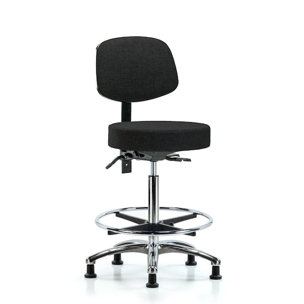Blue Ridge Ergonomics FHBST-CR-T0-CF-RG-F42 Rutledge Fabric Stool with Back Chrome - High Bench Height with Chrome Foot Ring & Stationary Glides in Black Fabric