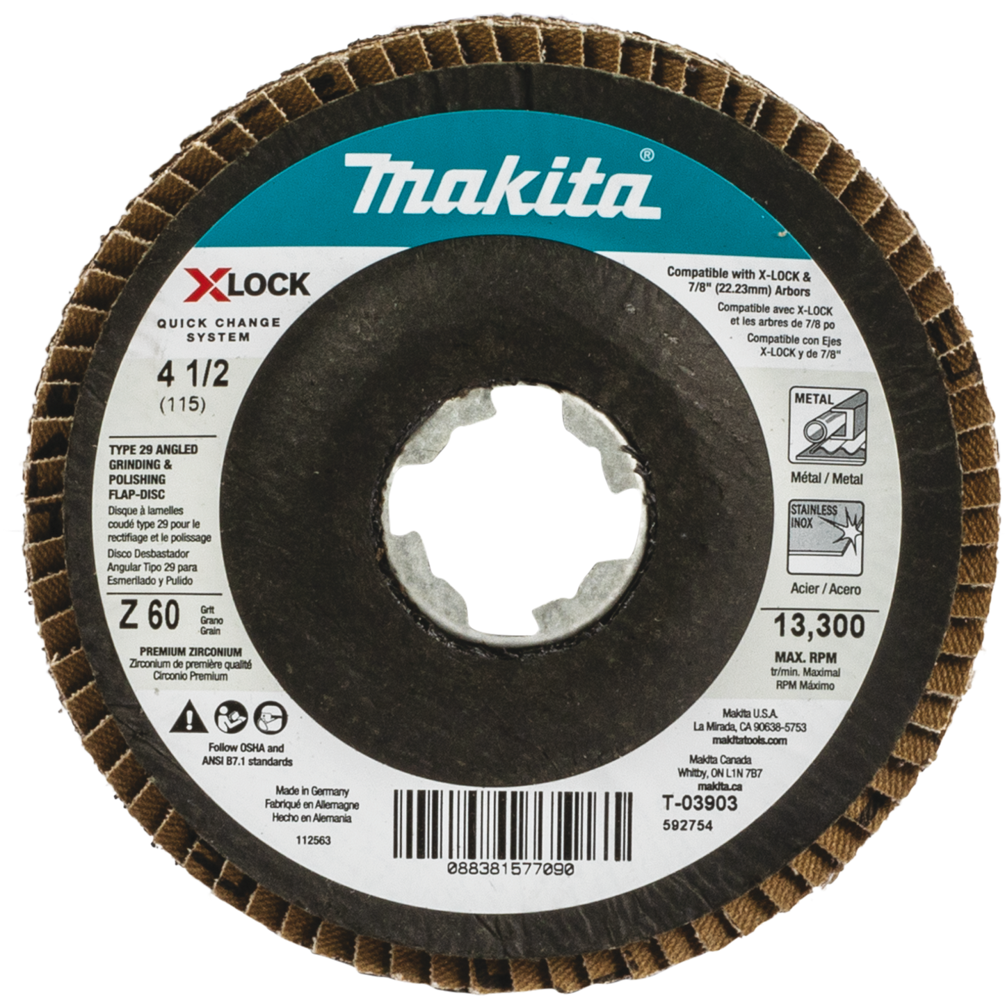 Makita T-03903 X‘LOCK 4‘1/2" 60 Grit Type 29 Angled Grinding and Polishing Flap Disc for X‘LOCK and All 7/8" Arbor Grinders