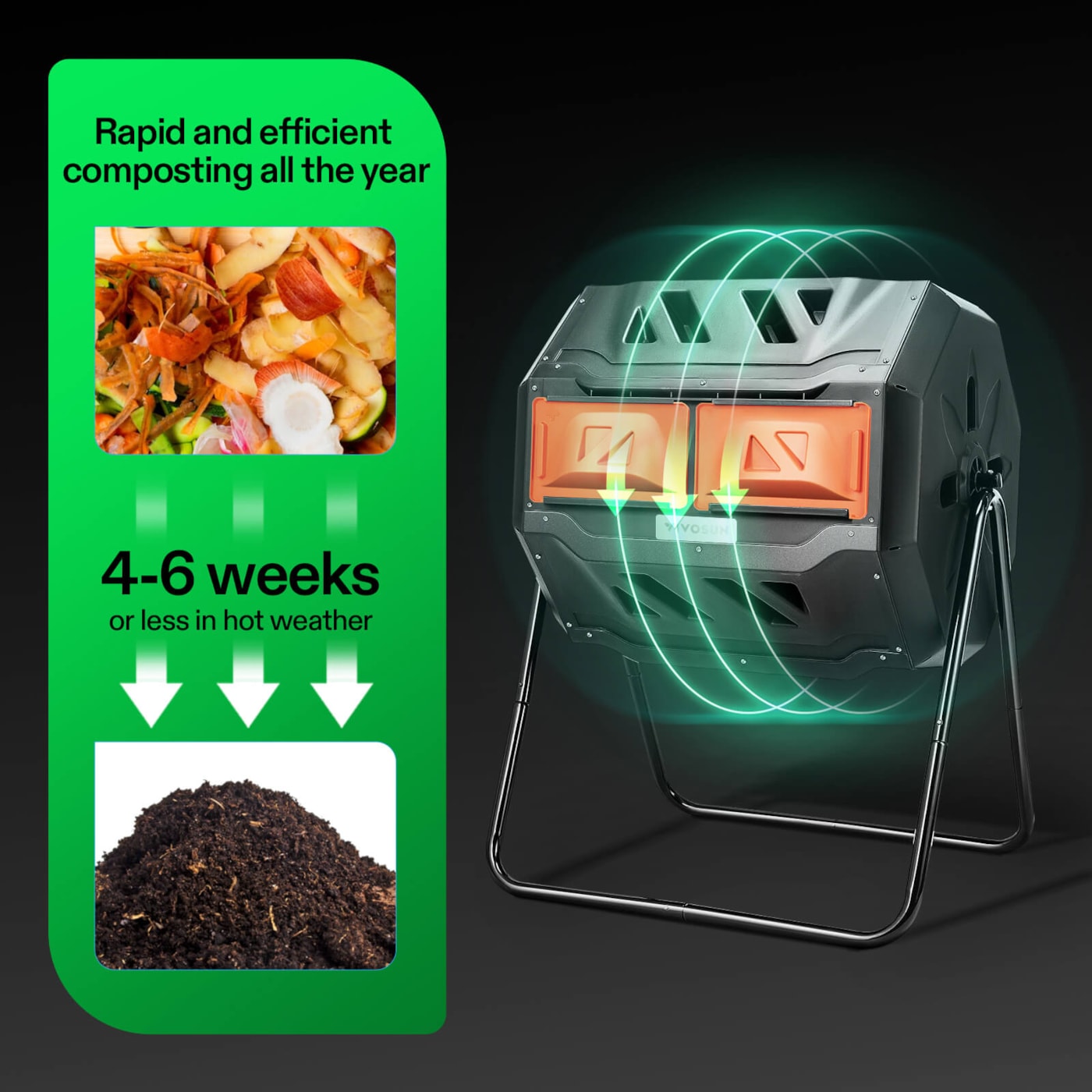 Vivosun Tumbling Composter Dual Rotating Batch Compost Bin 43 Gallon Orange