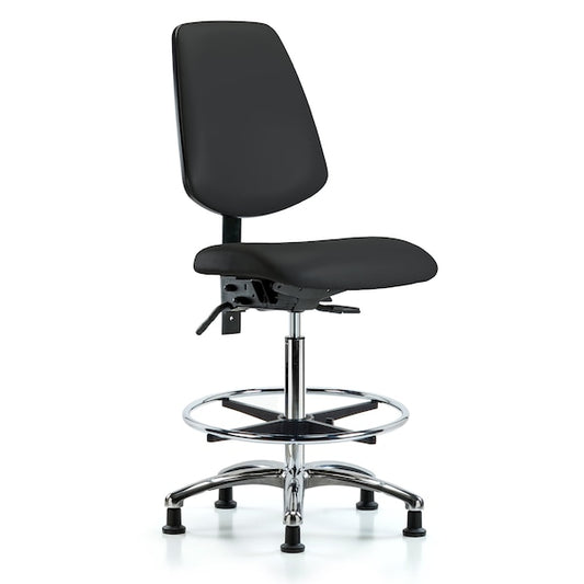 Blue Ridge Ergonomics VHBCH-MB-CR-T0-A0-CF-RG-8540 Rutledge Vinyl Chair Chrome - High Bench Height with Medium Back, Chrome Foot Ring, & Stationary Glides in Black Trailblazer™ Vinyl