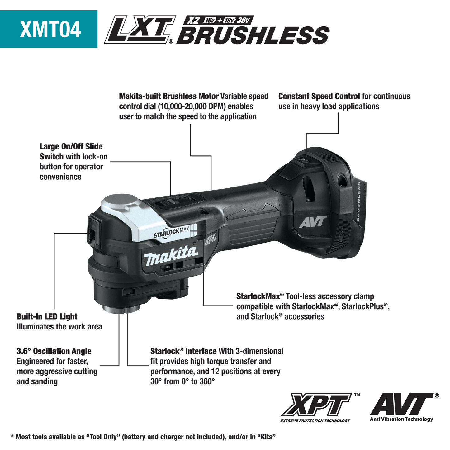 Makita XMT04R1B 18V LXT® Lithium‘Ion Sub‘Compact Brushless Cordless StarlockMax® Oscillating Multi‘Tool Kit (2.0Ah)