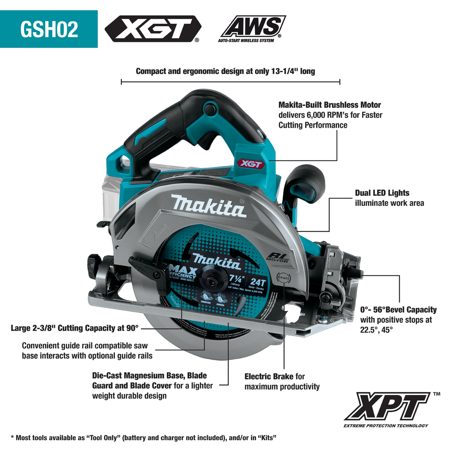 Makita GSH02Z 40V max XGT® Brushless Cordless 7‘1/4" Circular Saw with Guide Rail Compatible Base, AWS® Capable, Tool Only