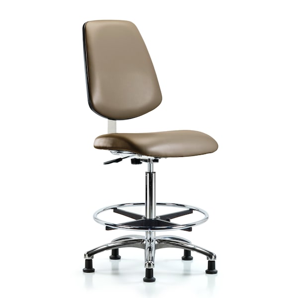 Blue Ridge Ergonomics CLR-VHBCH-MB-CR-CF-RG-8809 Class 10 Clean Room Vinyl Chair Chrome - High Bench Height with Medium Back, Chrome Foot Ring, & Stationary Glides in Taupe Supernova™ Vinyl