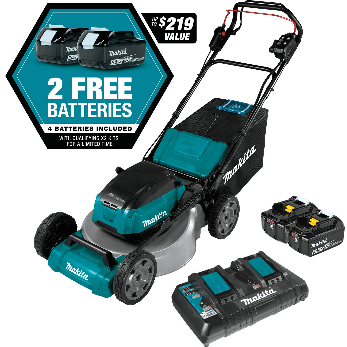 Makita XML06PT1 36V (18V X2) LXT® Brushless 18" Self‘Propelled Commercial Lawn Mower Kit with 4 Batteries (5.0Ah)