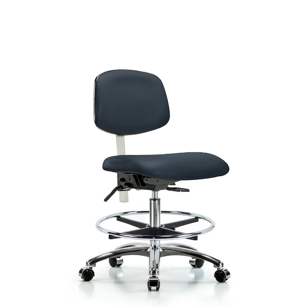 Blue Ridge Ergonomics VMBCH-CR-T1-A0-CF-CC-8582 Rutledge Vinyl Chair Chrome - Medium Bench Height with Seat Tilt, Chrome Foot Ring, & Casters in Imperial Blue Trailblazer™ Vinyl
