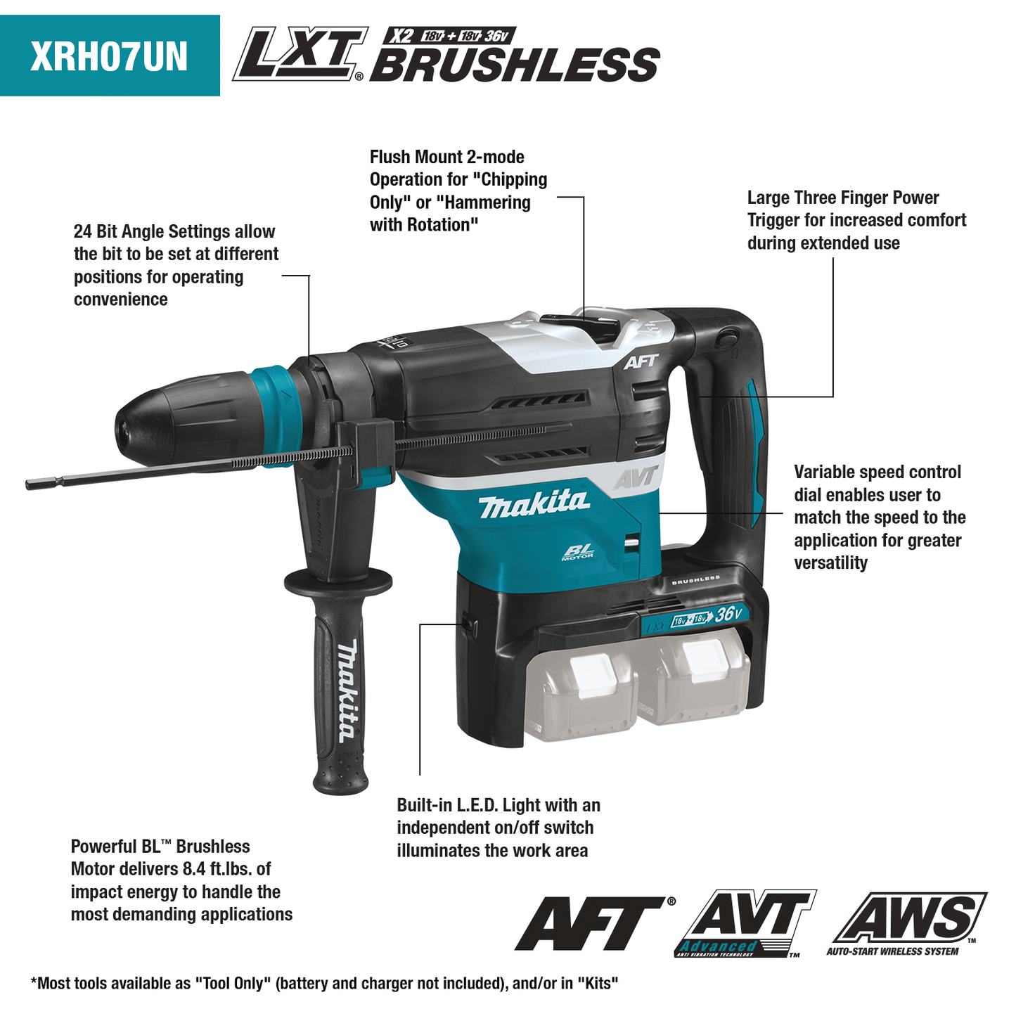 Makita XRH07ZKUN 36V (18V X2) LXT® Brushless 1‘9/16" SDS‘MAX Advanced AVT® Rotary Hammer, AFT®, AWS®, Tool Only