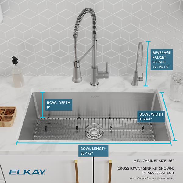 Elkay ECTSRS33229TFGB Crosstown® 18 Gauge Stainless Steel 33" x 22" x 9" Single Bowl Dual Mount Sink Kit with Filtered Beverage Faucet