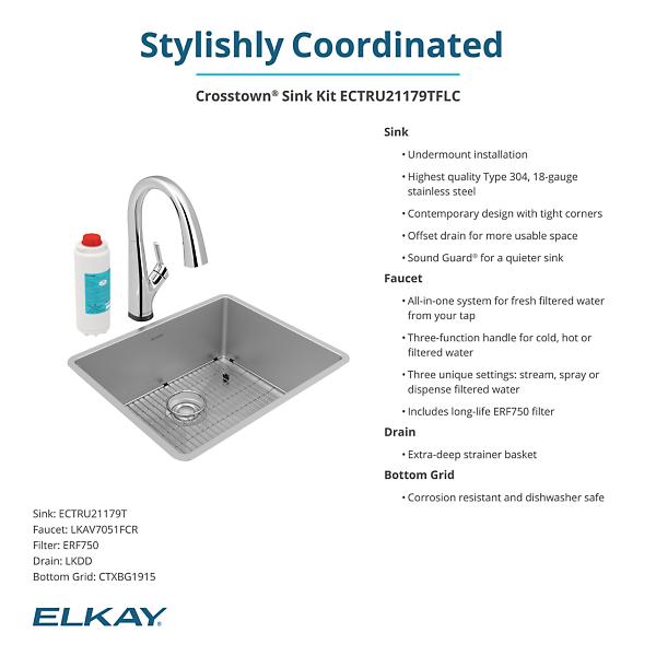 Elkay ECTRU21179TFLC Crosstown® 18 Gauge Stainless Steel 22-1/2" x 18-1/2" x 9" Single Bowl Undermount Sink Kit with Filtered Faucet