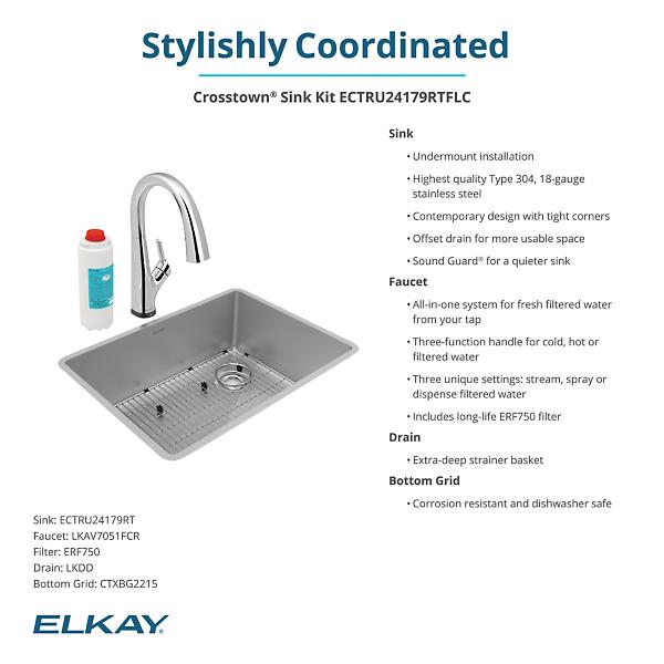 Elkay ECTRU24179RTFLC Crosstown® 18 Gauge Stainless Steel 25-1/2" x 18-1/2" x 9" Single Bowl Undermount Sink Kit with Filtered Faucet