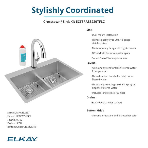 Elkay ECTSRA33229TFLC Crosstown® 18 Gauge Stainless Steel 33" x 22" x 9" Equal Double Bowl Dual Mount Sink Kit with Filtered Faucet with Aqua Divide