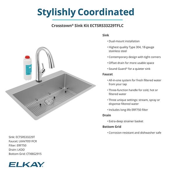 Elkay ECTSRS33229TFLC Crosstown® 18 Gauge Stainless Steel 33" x 22" x 9" Single Bowl Dual Mount Sink Kit with Filtered Faucet