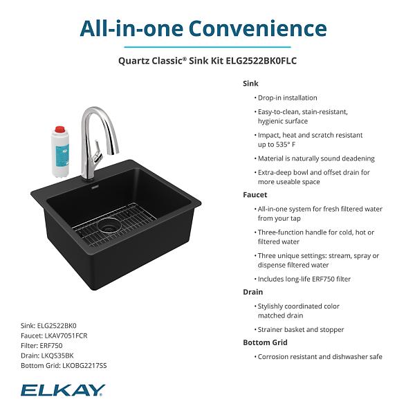 Elkay ELG2522FLC Quartz Classic® 25" x 22" x 9-1/2" Single Bowl Drop-in Sink Kit with Filtered Faucet