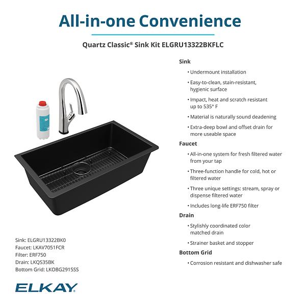 Elkay ELGRU13322FLC Quartz Classic® 33" x 18-7/16" x 9-7/16" Single Bowl Undermount Sink Kit with Filtered Faucet