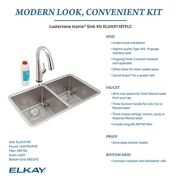 Elkay ELUH3118TFLC Lustertone Iconix® 18 Gauge Stainless Steel 32-3/4" x 19-1/2" x 9" Double Bowl Undermount Sink Kit with Filtered Faucet