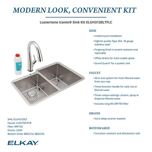Elkay ELUH3120LTFLC Lustertone Iconix® 18 Gauge Stainless Steel 31-1/4" x 20-1/2" x 9" Double Bowl Undermount Sink Kit with Filtered Faucet