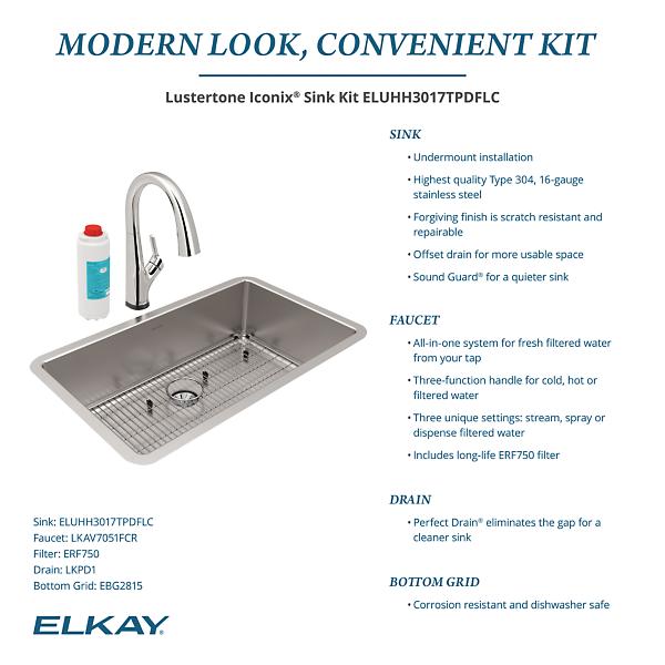 Elkay ELUHH3017TPDFLC Lustertone Iconix® 16 Gauge Stainless Steel 32-1/2 x 19-1/2" x 9" Single Bowl Undermount Sink Kit with Filtered Faucet with Perfect Drain®