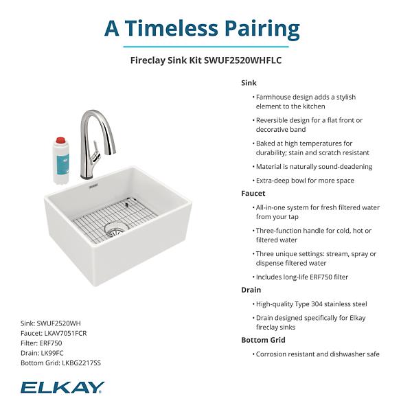 Elkay SWUF2520WHFLC Fireclay 24-7/16" x 19-11/16" x 9-1/8" Single Bowl Farmhouse Sink Kit with Filtered Faucet White