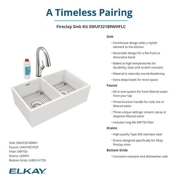 Elkay SWUF32189WHFLC Fireclay 33" x 19-15/16" x 9" Equal Double Bowl Farmhouse Sink Kit with Filtered Faucet White