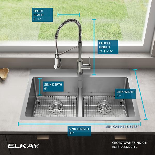 Elkay ECTSRA33229TFC Crosstown® 18 Gauge Stainless Steel 33" x 22" x 9" 1-Hole Equal Double Bowl Dual Mount Sink Kit with Aqua Divide and Faucet