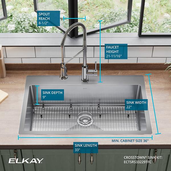 Elkay ECTSRS33229TFC Crosstown® 18 Gauge Stainless Steel 33" x 22" x 9" 1-Hole Single Bowl Dual Mount Sink Kit with Faucet