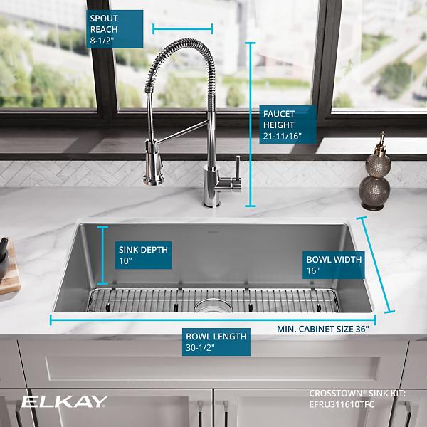 Elkay EFRU311610TFC Crosstown® 16 Gauge Stainless Steel 32-1/2" x 18" x 10" Single Bowl Undermount Sink Kit with Faucet