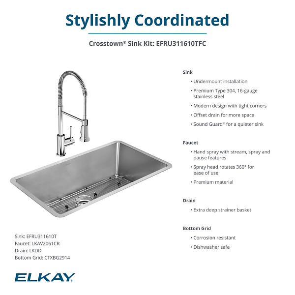 Elkay EFRU311610TFC Crosstown® 16 Gauge Stainless Steel 32-1/2" x 18" x 10" Single Bowl Undermount Sink Kit with Faucet