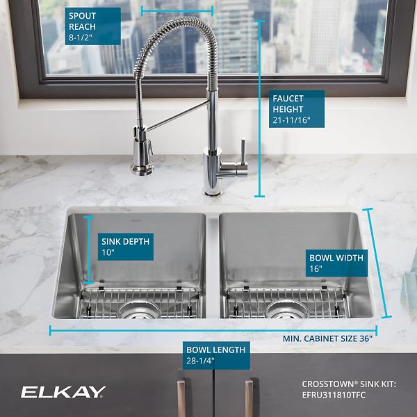 Elkay EFRU311810TFC Crosstown® 16 Gauge Stainless Steel 30-3/4" x 18-1/2" x 10" Equal Double Bowl Undermount Sink Kit with Faucet