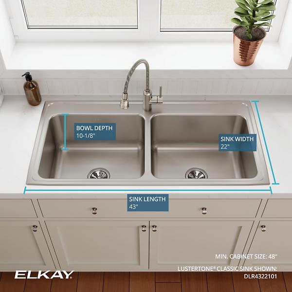 Elkay DLR432210 Lustertone® Classic Stainless Steel 43" x 22" x 10-1/8" Equal Double Bowl Drop-in Sink