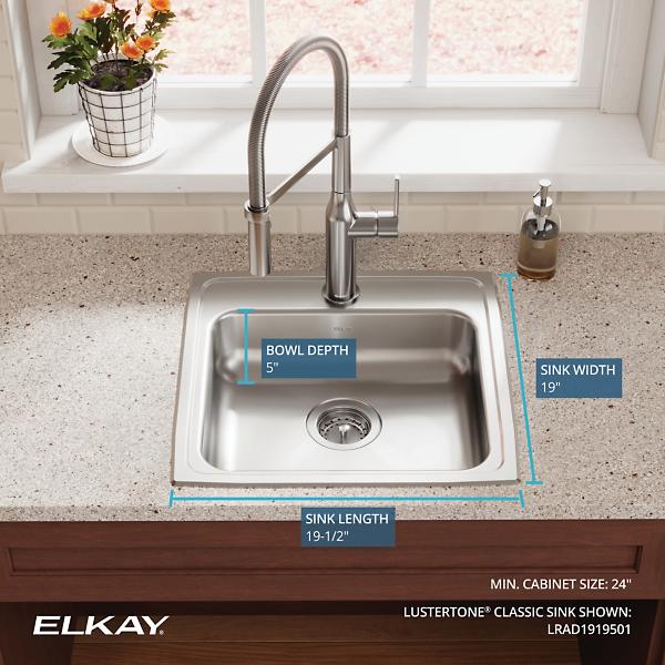 Elkay LRAD191950 Lustertone® Classic Stainless Steel 19-1/2" x 19" x 5" Single Bowl Drop-in ADA Sink