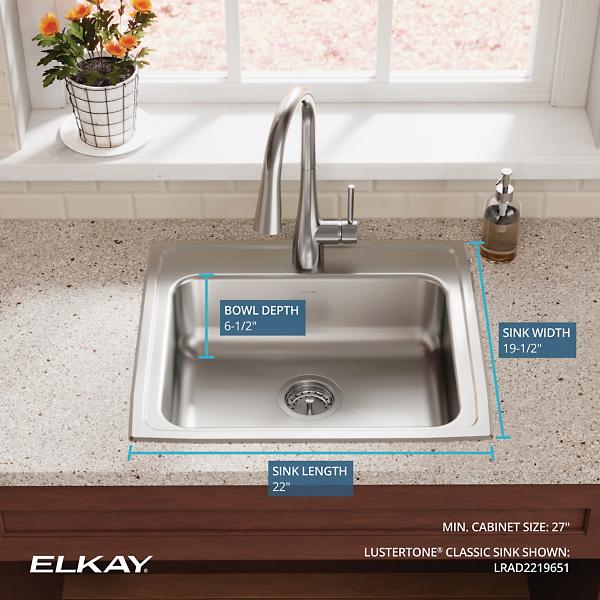 Elkay LRAD221965 Lustertone Classic Stainless Steel 22" x 19-1/2" x 6-1/2" Single Bowl Drop-in ADA Sink