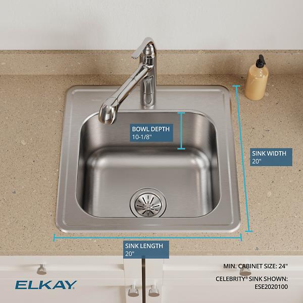 Elkay ESE202010 Celebrity® Stainless Steel 20" x 20" x 10-1/8" Single Bowl Drop-in Laundry Sink
