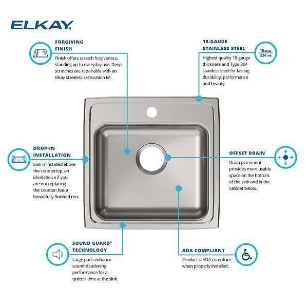 Elkay LRAD191950 Lustertone® Classic Stainless Steel 19-1/2" x 19" x 5" Single Bowl Drop-in ADA Sink