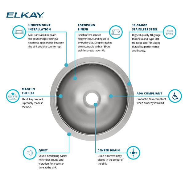 Elkay ELUH12 Asana Stainless Steel 14-3/8" x 14-3/8" x 6" Single Bowl Undermount Bathroom Sink
