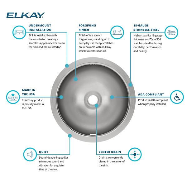 Elkay ELUH12LV Asana Stainless Steel 14-3/8" x 14-3/8" x 6" Single Bowl Undermount Bathroom Sink with Overflow